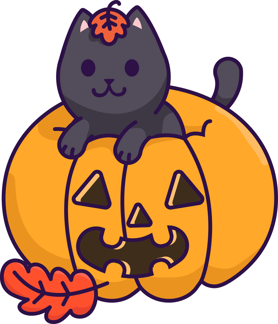 Cartoon Cat Peeking from Jack-o-Lantern with Orange Leaves Transparent