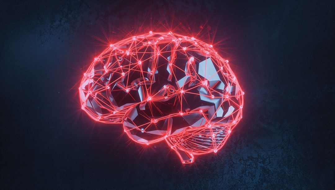 Futuristic Holographic Brain in Digital Space with Red Nodes