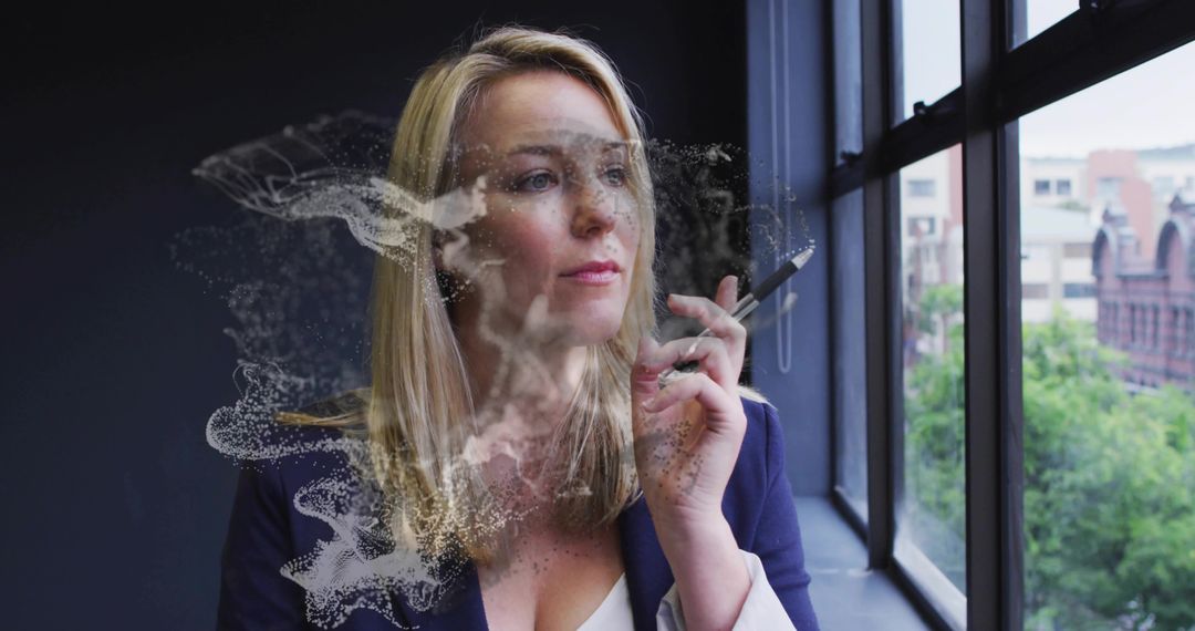 Businesswoman Reflecting with Stylus at Office Window with Dust Effect