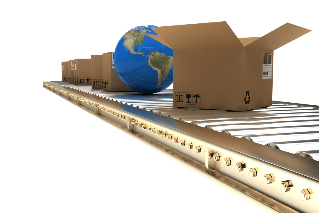 Transparent 3D Conveyor with Globe between Shipping Boxes