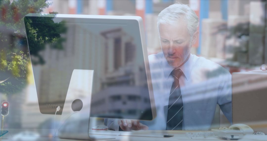 Elderly Businessman Working at Office with Overlaid City Reflections