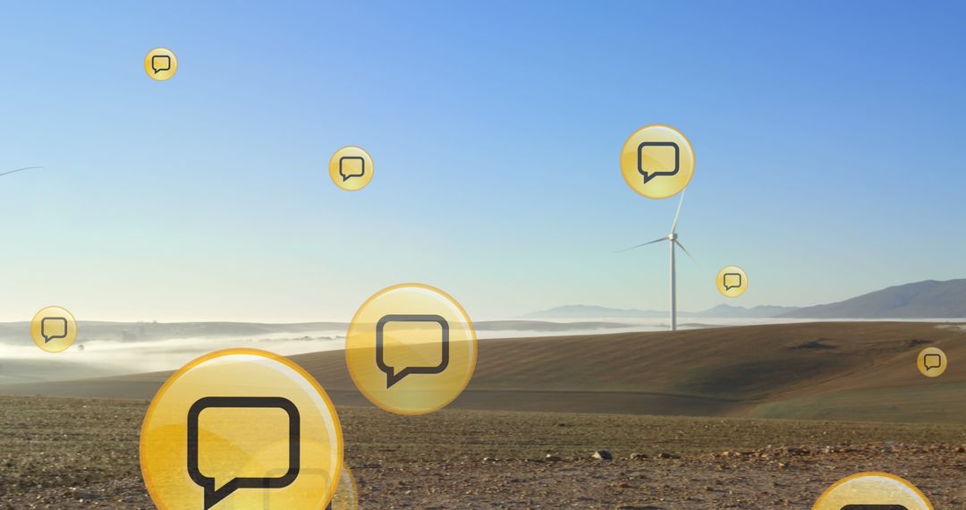 Wind Turbines in Countryside with Digital Communication Symbols
