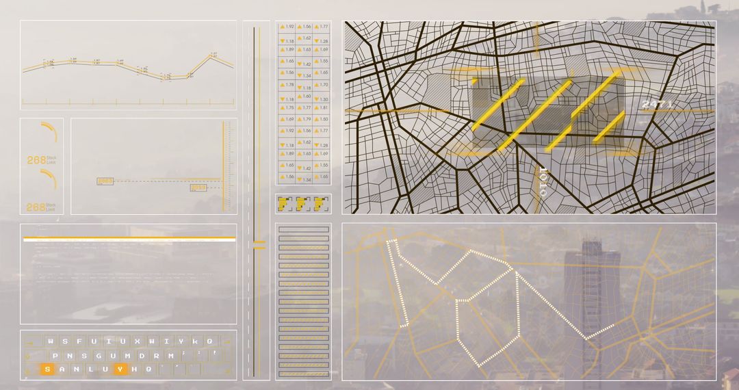 Futuristic Interface Overlay on Cityscape Aerial View