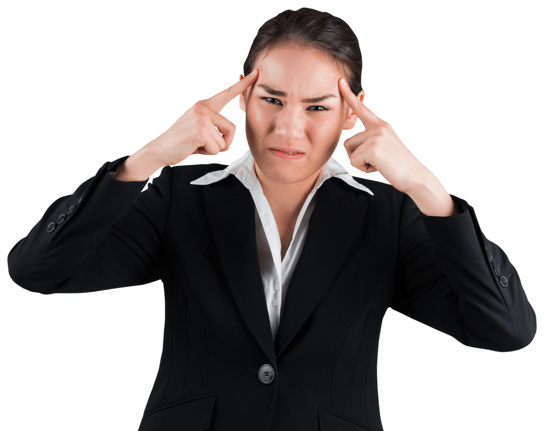 Stressed Businesswoman Focusing with Hands on Temples Transparent Background