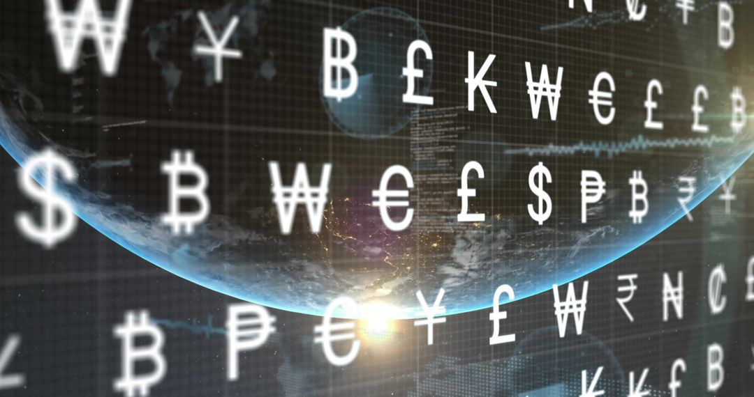 World Currency Symbols Floating Over Globe and Rising Sun