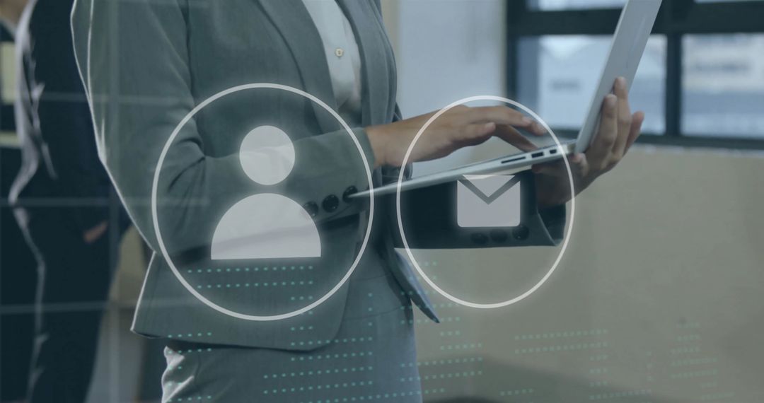 Businesswoman Analyzing Data on Laptop with Digital Interfaces