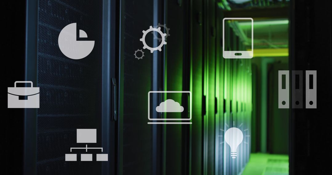 Technology Icons Overlay on Server Room With Green Lighting
