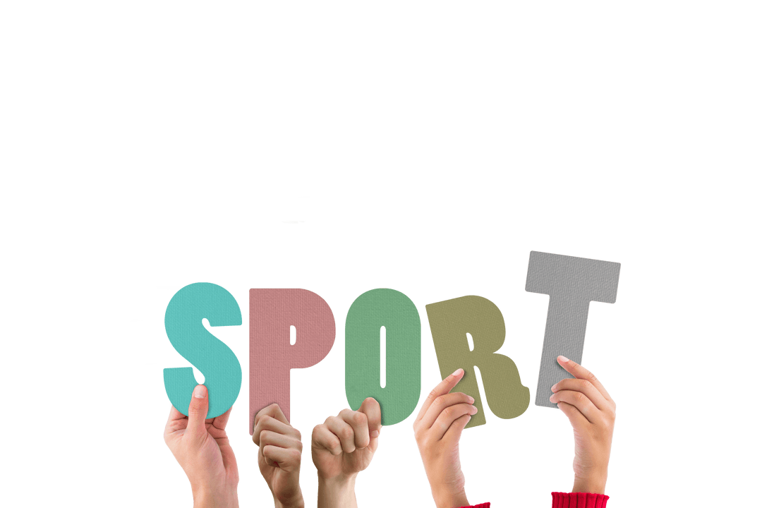 Hands Holding Colorful SPORT Letters on Transparent Background