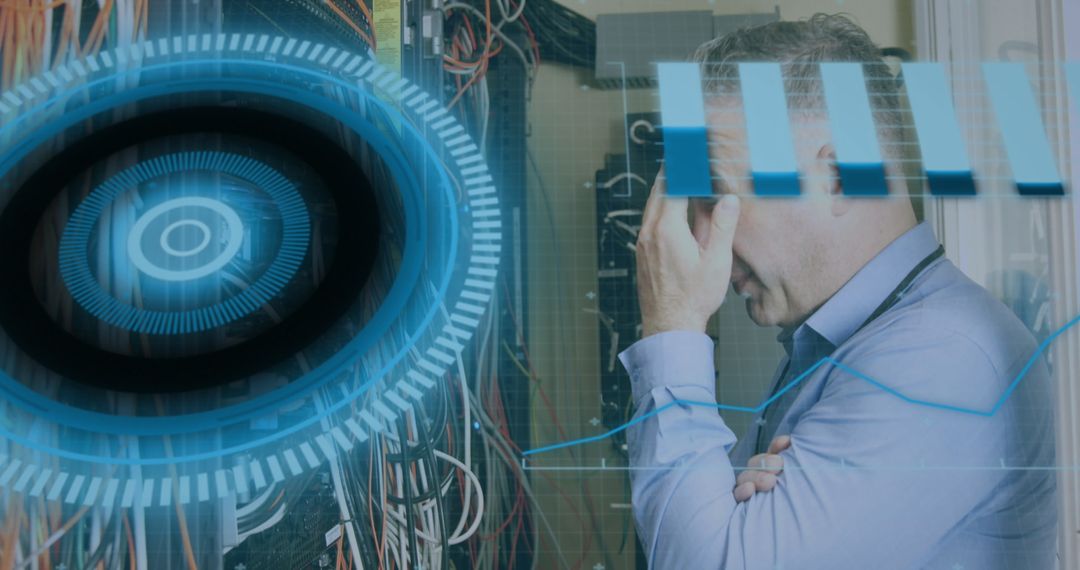 Stressed IT Technician with Futuristic Digital Interface Overlay