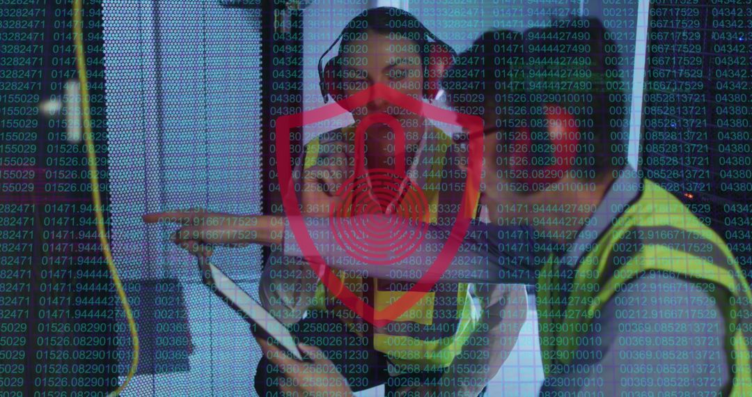 Diverse IT Engineers Analyzing Data With Digital Shield Overlay