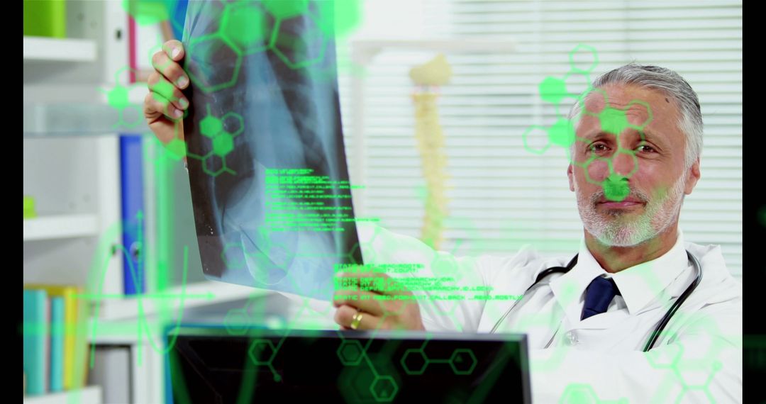 Experienced Doctor Analyzing X-Ray with Futuristic Technology in Modern Office