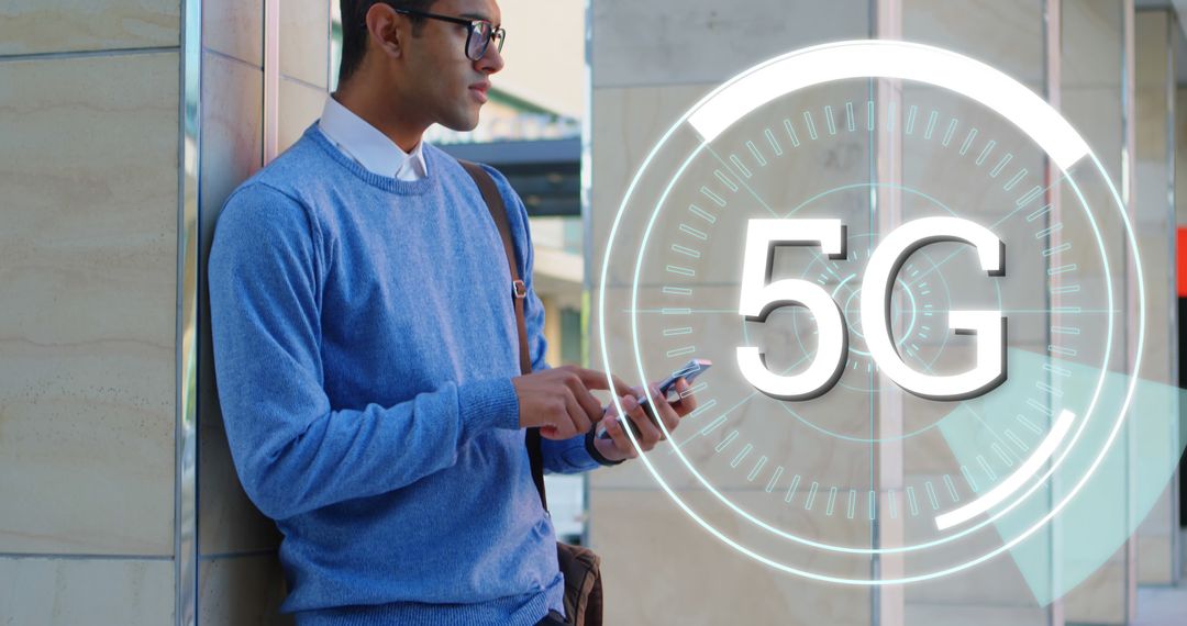 Young Man Using Smartphone with 5G Technology Graphic Overlay