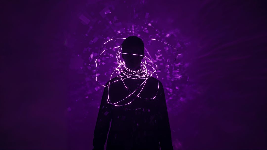Abstract Silhouette with Neon Vibrant Loops and Digital Pixel Particles