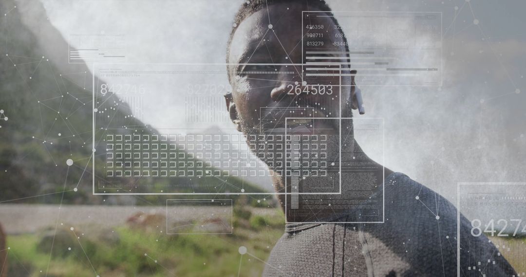 Runner Amid Futuristic Data Visualization on Misty Hill