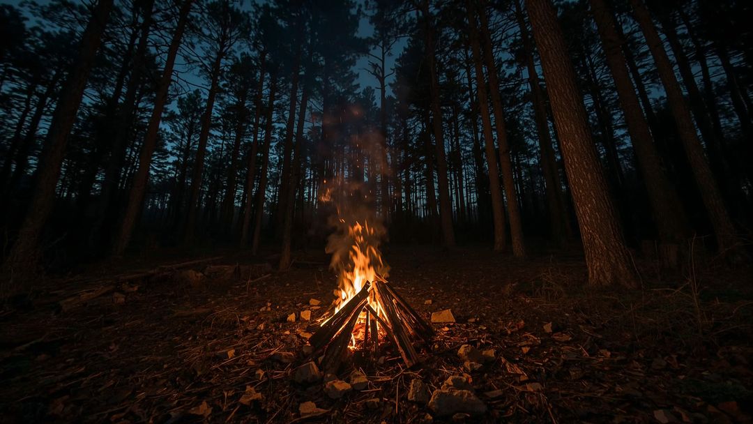 Cozy Campfire Illuminating Pine Forest at Dusk