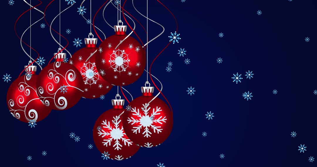Christmas Red Baubles with Falling Snowflakes on Dark Background
