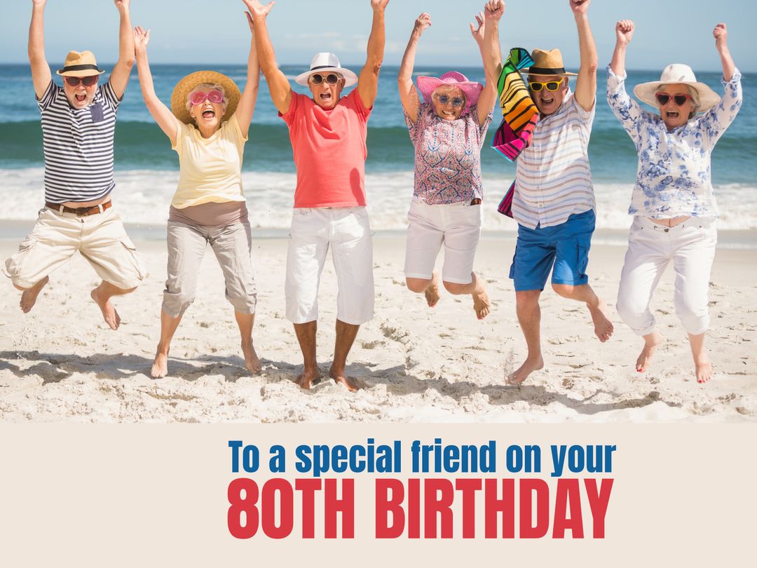 Joyful Seniors Jumping on Beach Celebrating 80th Birthday - Download Free Stock Templates Pikwizard.com