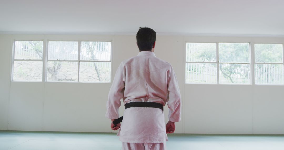 Karateka in White Gi Practicing in Dojo Standing Back View - Free Images, Stock Photos and Pictures on Pikwizard.com