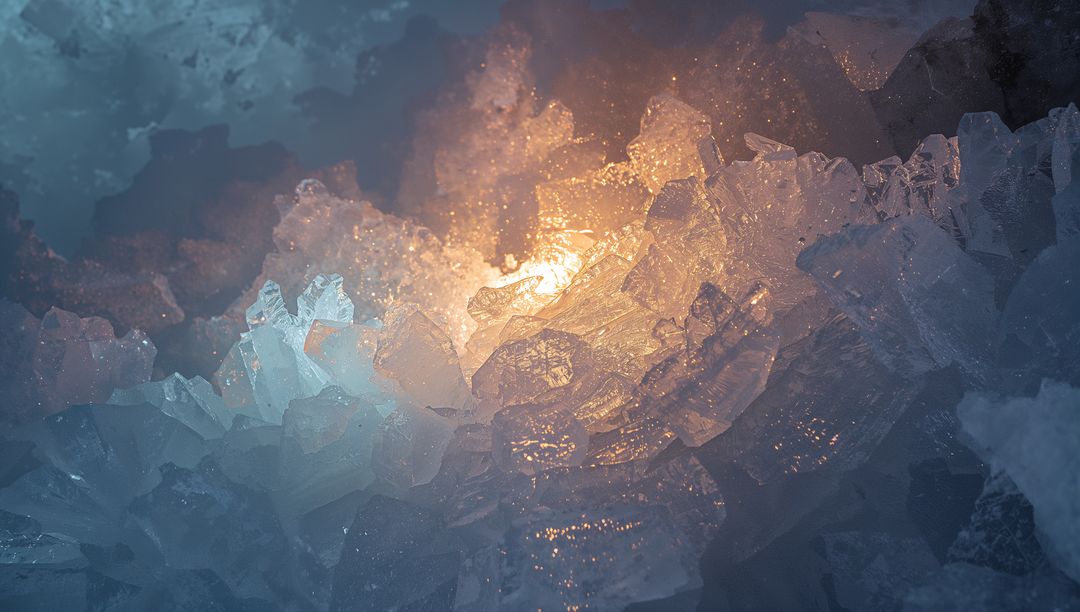 Amber Glow Filtering Through Translucent Ice Crystals in Macro Cavity, Glittering Frost Particles