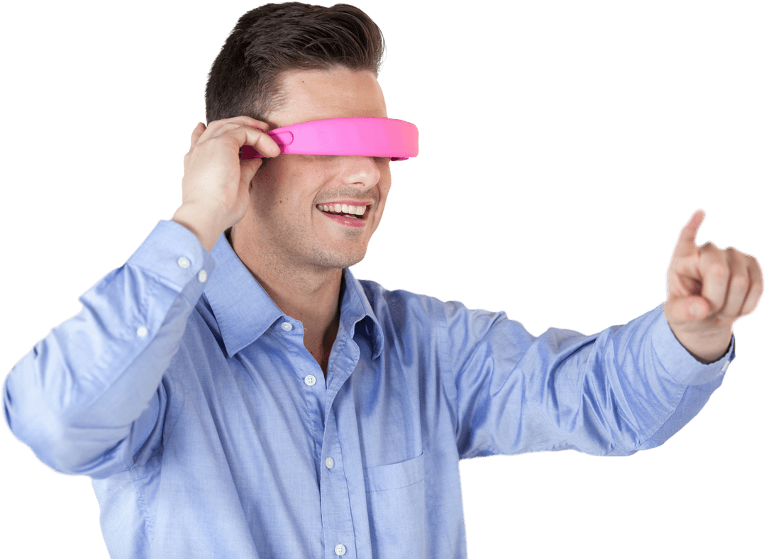 Smiling Young Man Wearing Pink VR Glasses Mocking Futuristic Tech