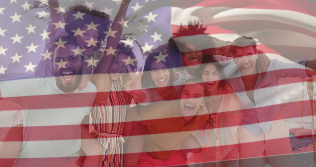 Joyful Friends Celebrating at Beach Party with American Flag