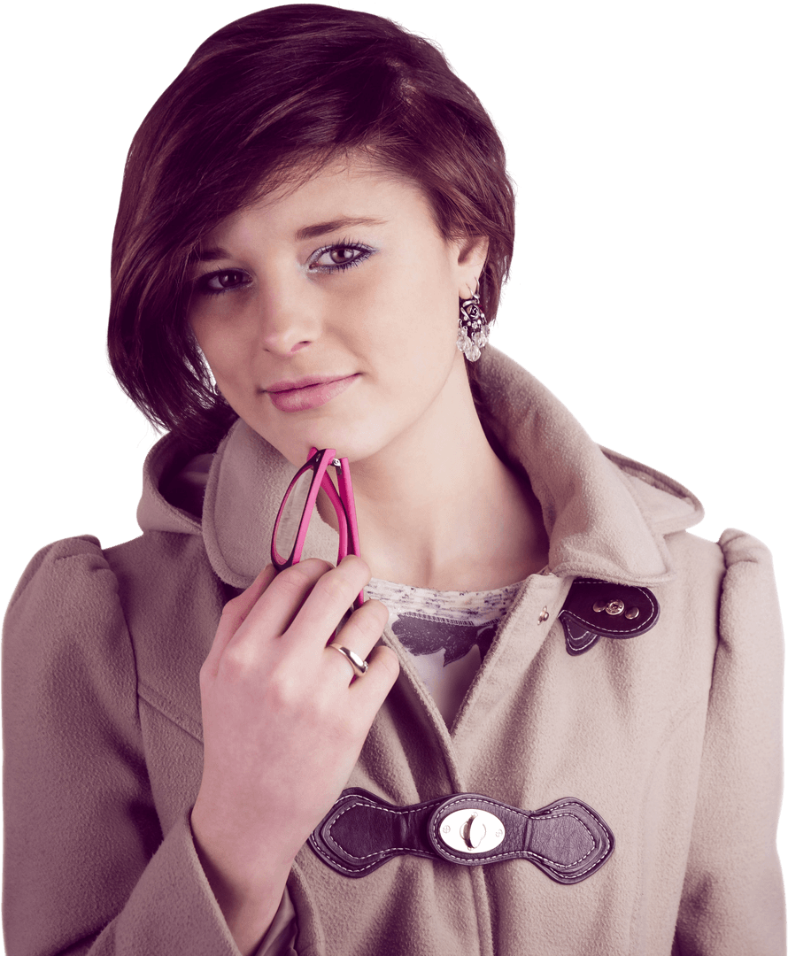 Smiling Woman Holding Red Glasses in Winter Coat Transparent Background