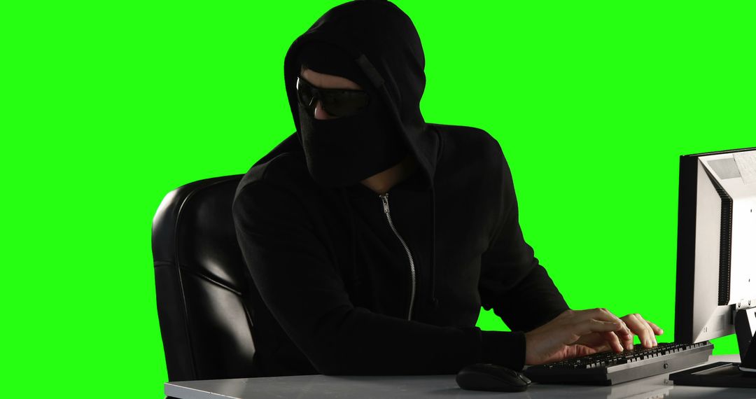 Hacker in Hooded Sweatshirt at Computer with Green Screen Background - Free Images, Stock Photos and Pictures on Pikwizard.com