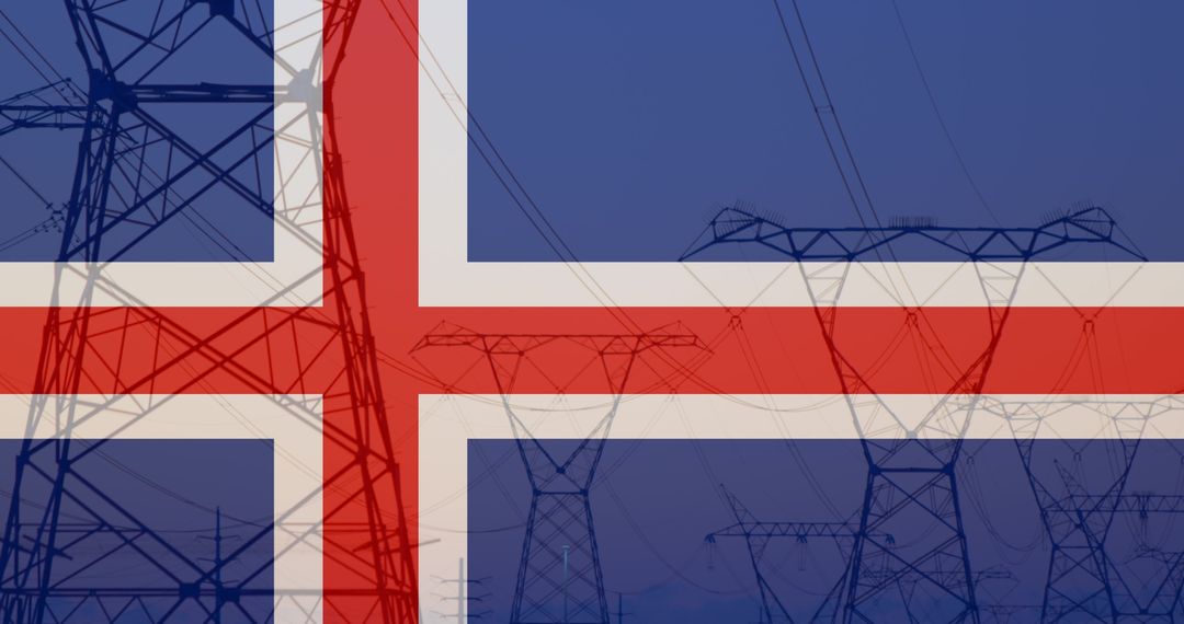 Iceland Flag Overlay on Power Pylons Symbolizing Energy Issues
