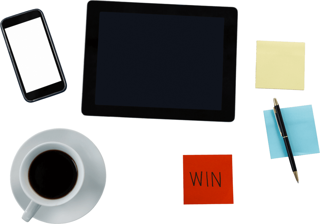 Transparent Digital Workspace with Tablet and Coffee Cup