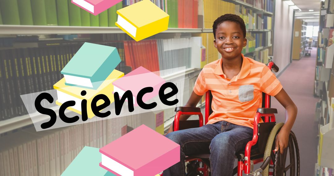 Student in Wheelchair Smiling at Library Stack of Science Books