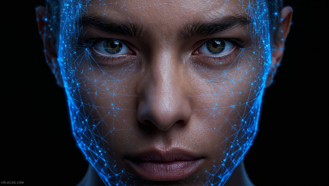 Intense close-up of woman wearing blue biometric facial mesh with neural network overlay