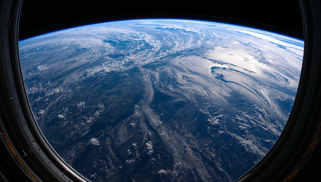 Orbital Porthole Framing Curved Earth Horizon with Cloud Swirls and Atmosphere Glow