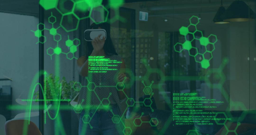 Woman Using VR Headset with Scientific Data in Modern Office