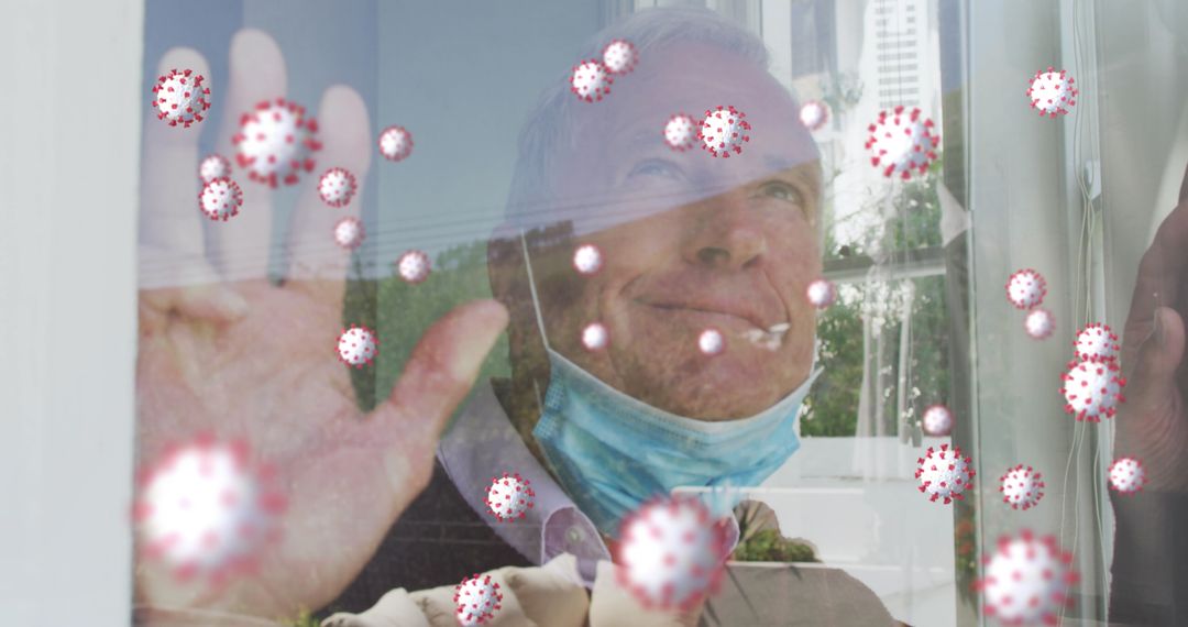Senior Man with Mask Viewing Coronavirus Graphic through Window