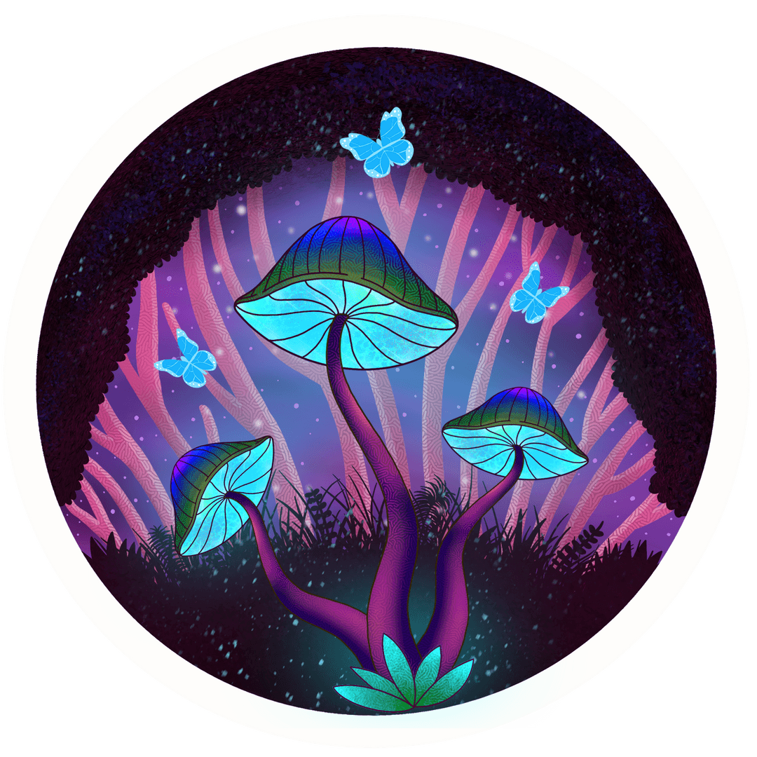 Glowing Fantasy Mushrooms with Butterflies Transparent