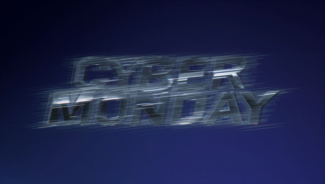 Cyber Monday chrome text gliding with motion-blur glitch on dark blue futuristic background