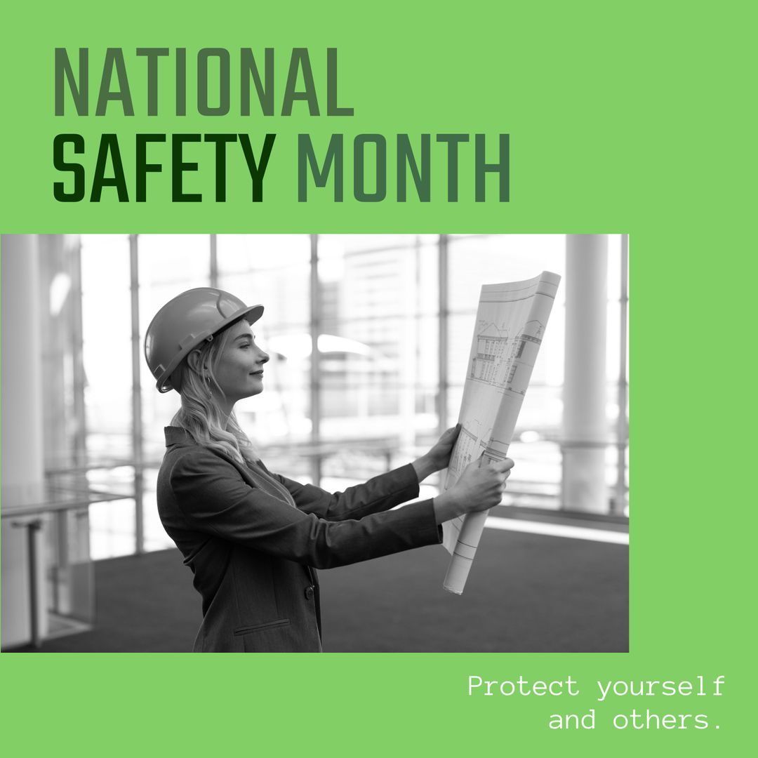 National Safety Month Campaign with Female Architect Analyzing Blueprints - Download Free Stock Templates Pikwizard.com