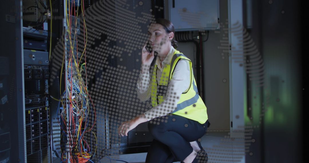 Female Technician Managing Network Cables in Data Center