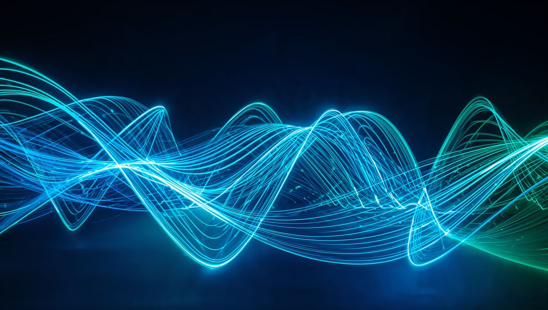 Dynamic Neon Blue Teal Waveforms Flow on Dark Background
