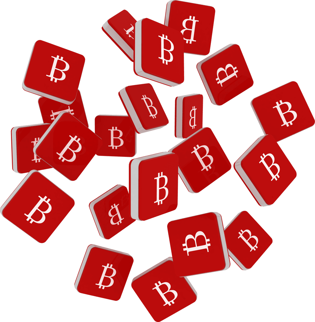 Bitcoin Symbol Red Cubes Falling on Transparent Background