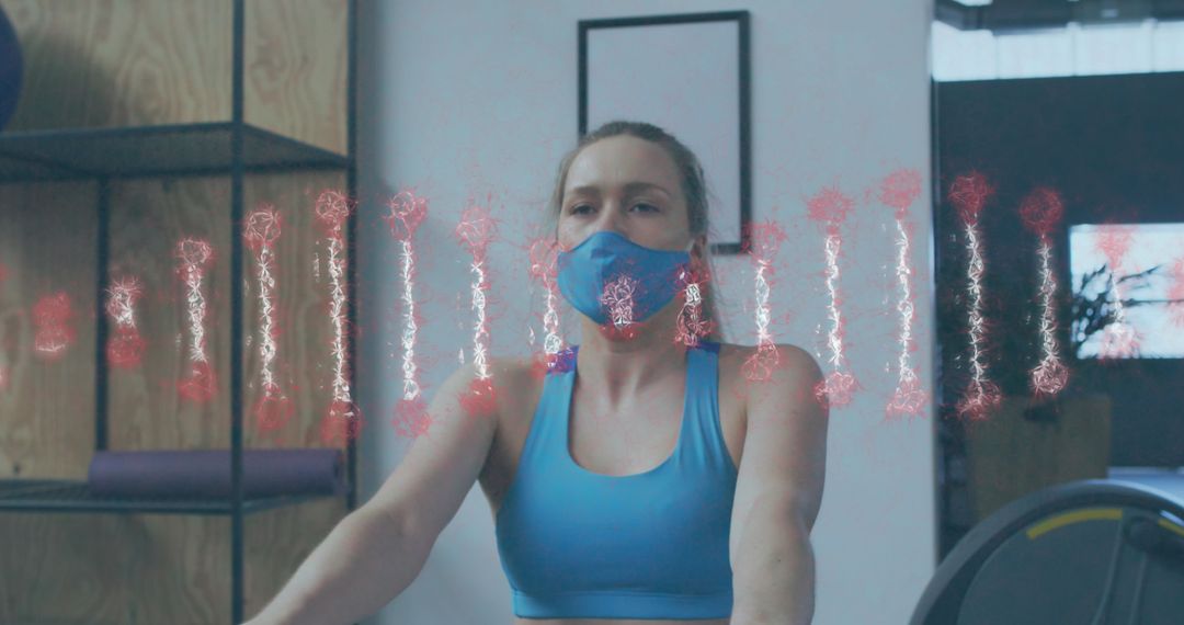 Woman Exercising with DNA Overlay at Gym Amid Pandemic