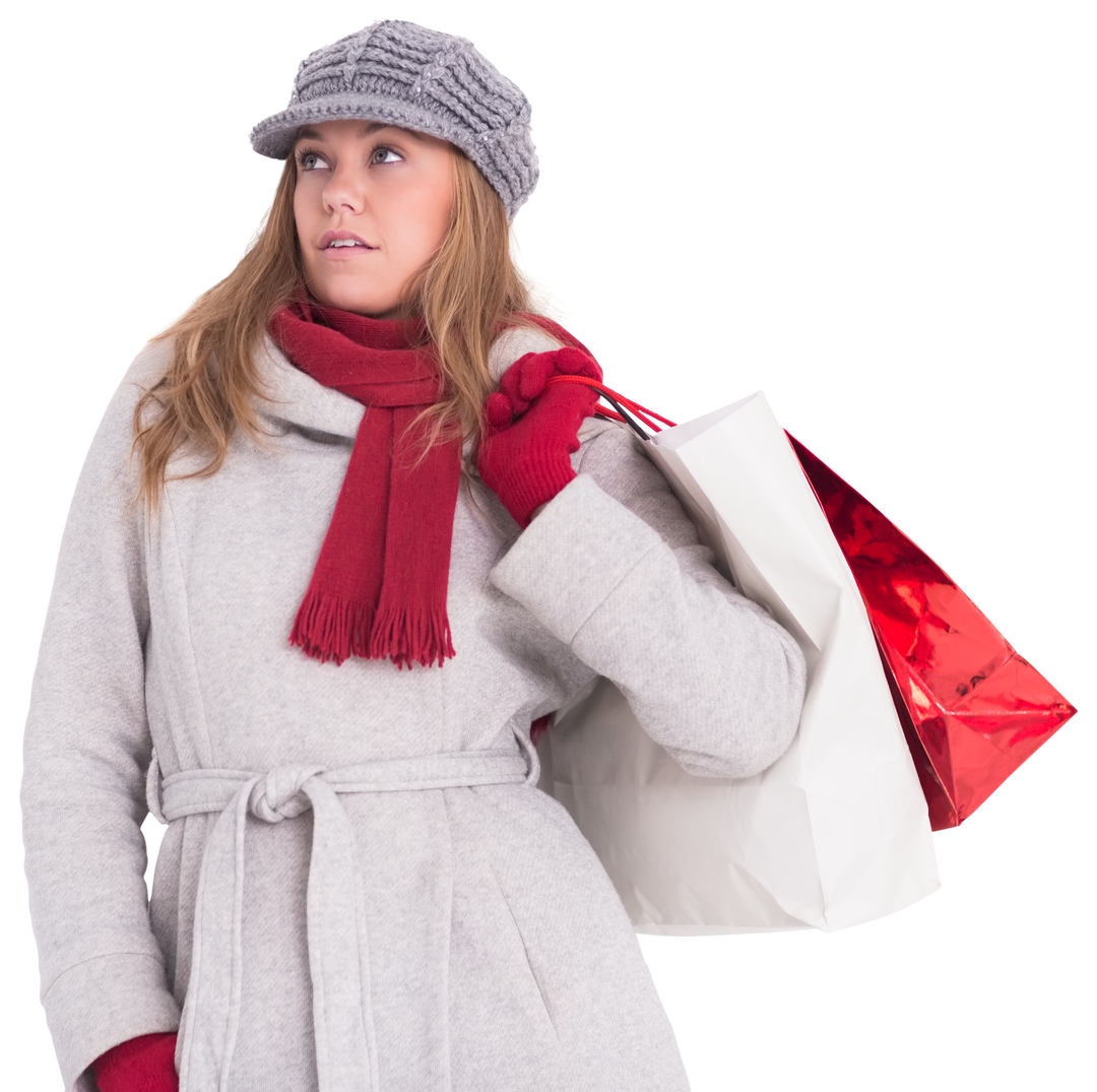 Happy Blonde Wearing Winter Clothes with Shopping Bags, Transparent Background - Download Free Stock Images Pikwizard.com