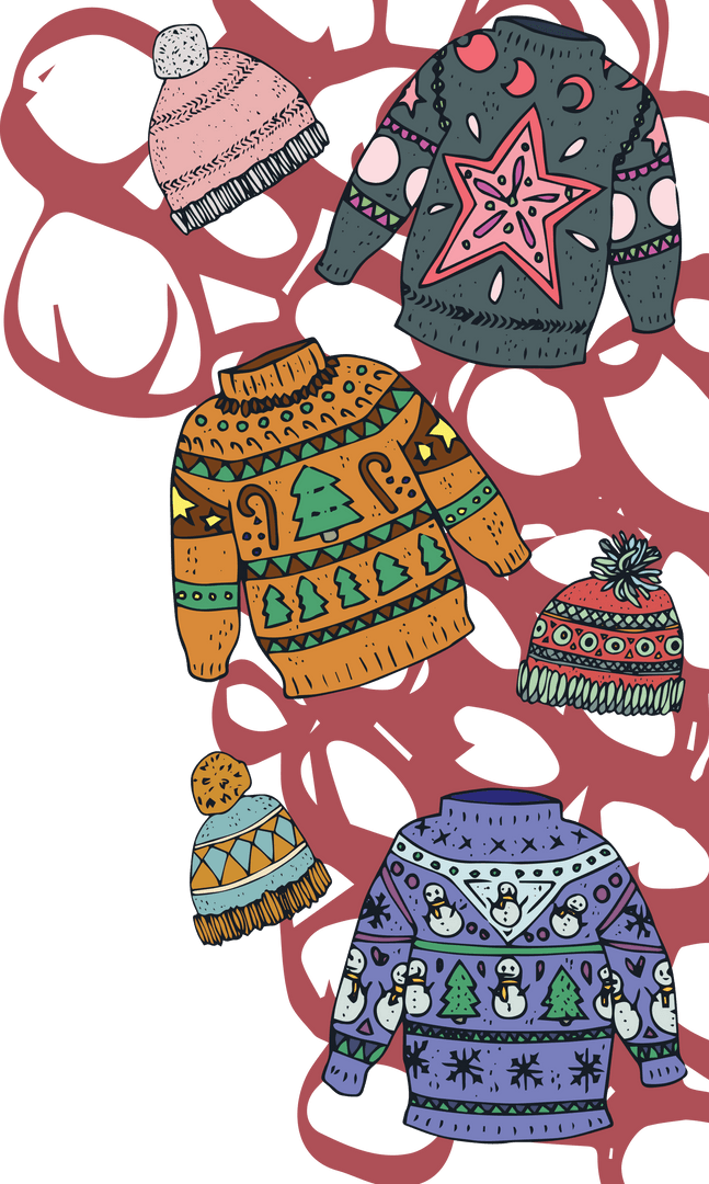 Transparent Winter Sweaters and Hats Set with Christmas Patterns