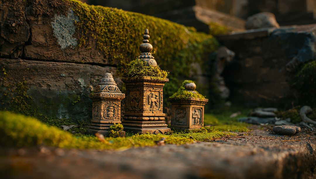 Moss-Covered Stone Shrines with Intricate Carved Reliefs on Sunlit Temple Ledge Ruins