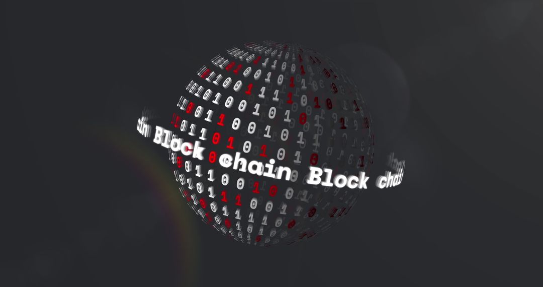 Blockchain technology sphere with binary code and lens flare