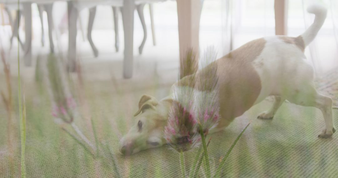 Composite of Dog at Home with Tall Crops Symbolizing National Pet Month