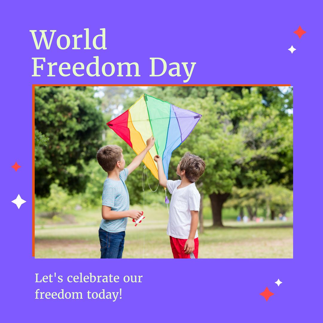 Boys Flying Colorful Kite Celebrating World Freedom Day