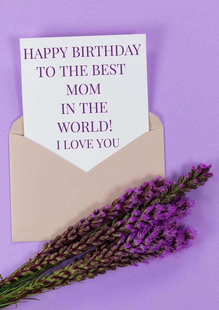 Happy Birthday Card for Mom with Lavender Flowers on Purple Background - Download Free Stock Templates Pikwizard.com