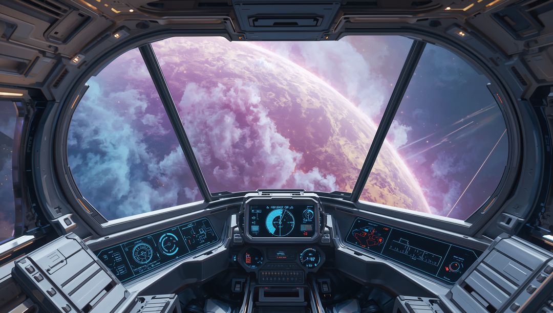 Futuristic Starship Cockpit View of Alien Planet in Space