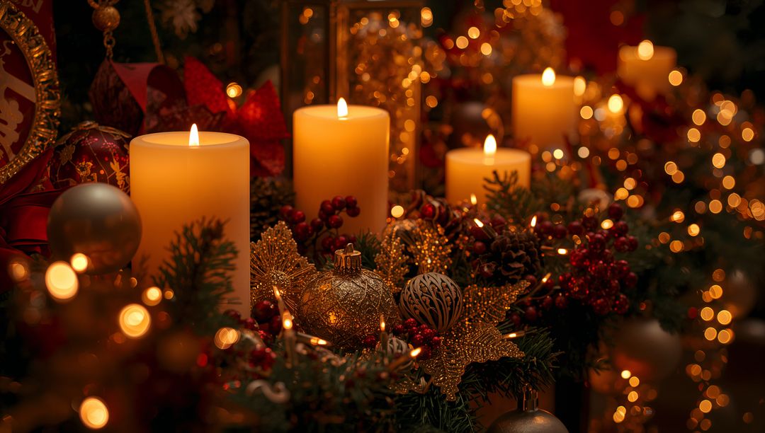 Glowing Holiday Mantel Centerpiece with Lit Pillar Candles, Gold Ornaments and Bokeh Lights